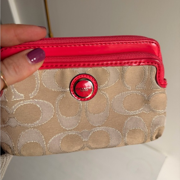 Coach Beige Signature Wristlet with Coral Trim - Picture 6 of 6